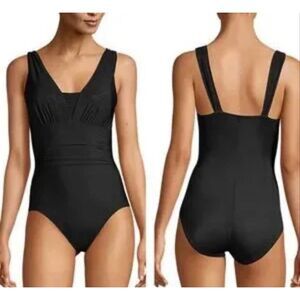 Lands End black Grecian Slendersuit ruched tummy control one piece size 12l